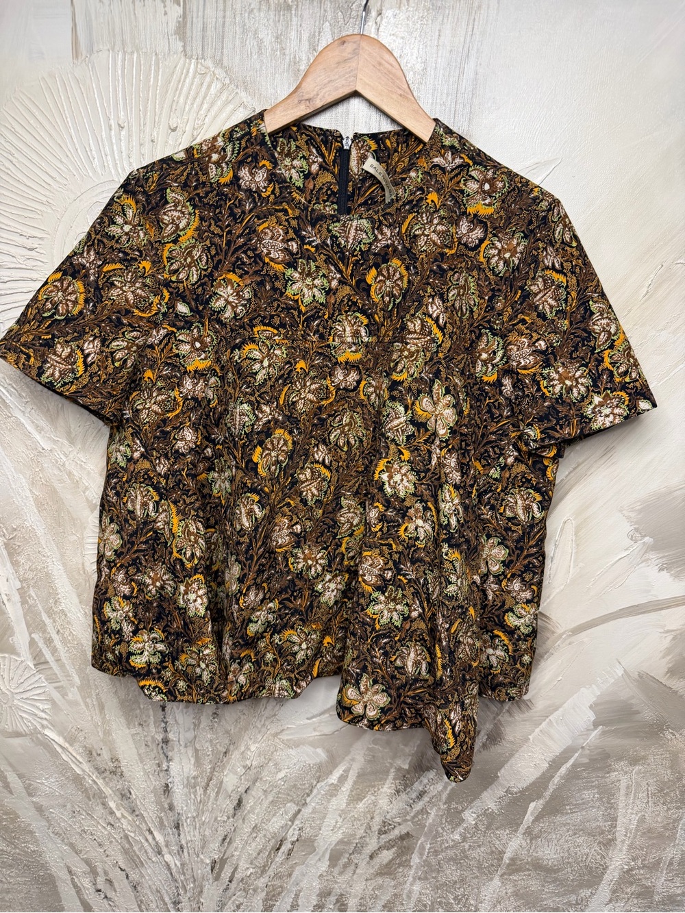 Balenciaga Brown Floral Short-Sleeve Top with Green & Yellow Accents